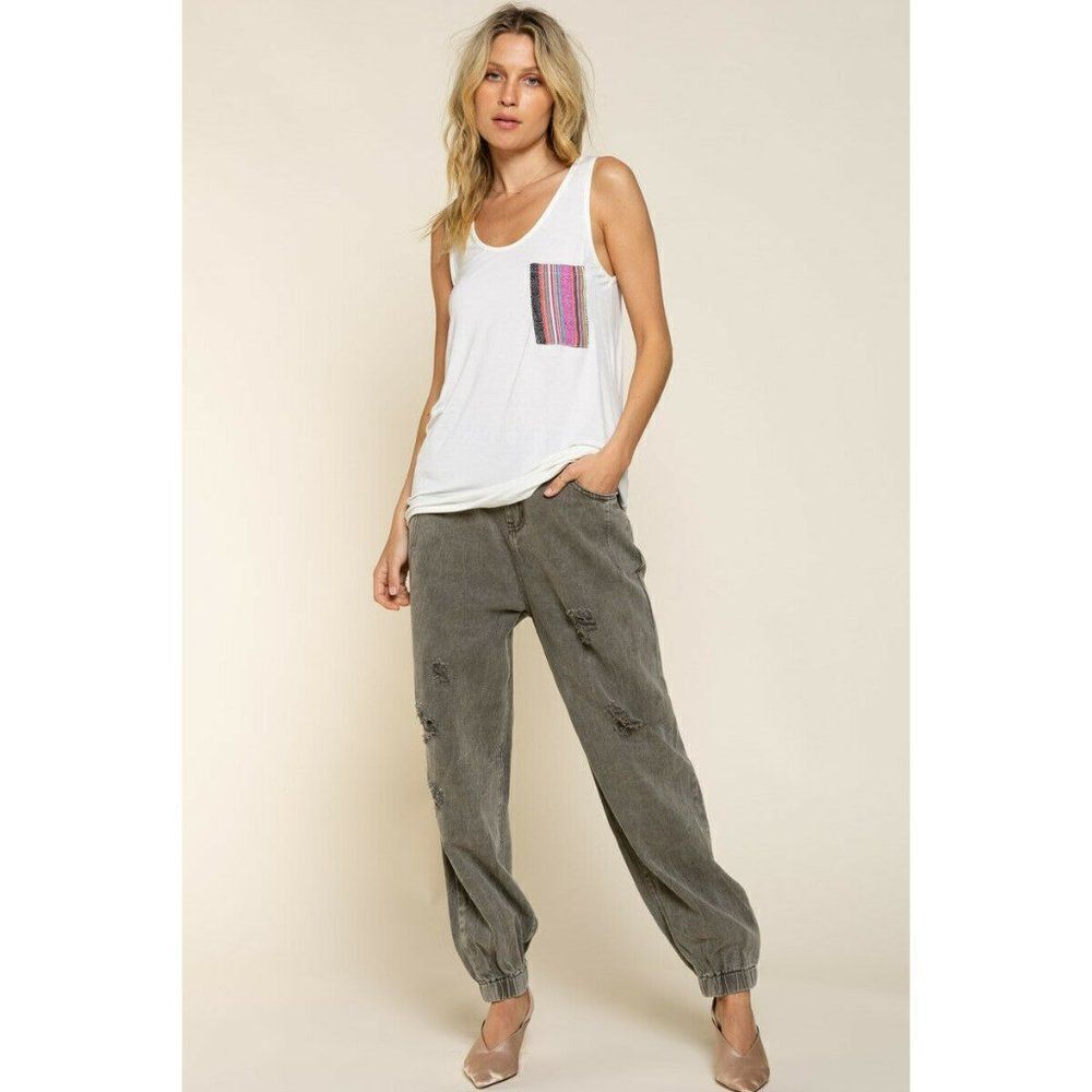 POL CLOTHING Ivory Hem Tank Top Front Tribal Pocket Sarape Detail Summer Spring - Picture 6 of 6